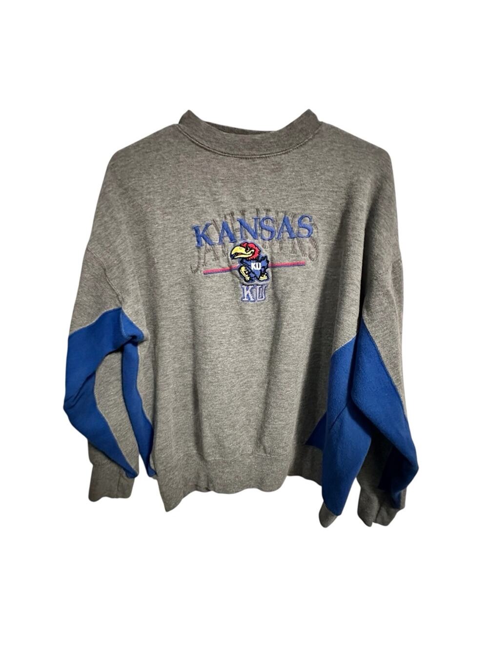Vintage Kansas Jayhawks Logo Gray and Blue Long Sleeve Sweatshirt Womens Medium